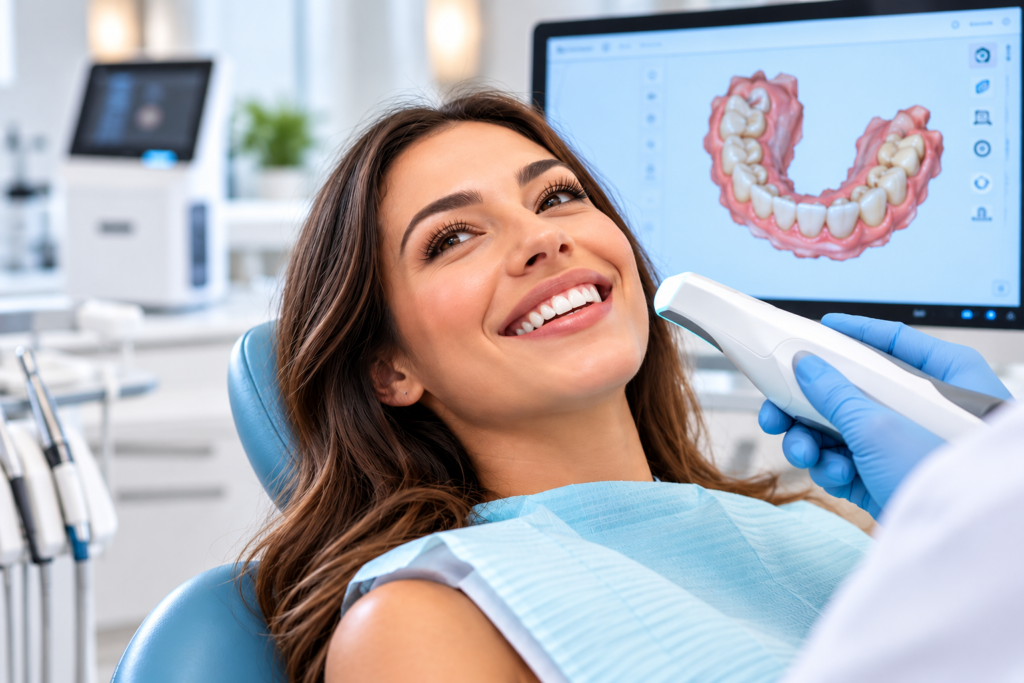 Smiling woman receiving a digital dental scan while reclining in a dental chair, with a 3D model of her teeth displayed on a monitor in the background.